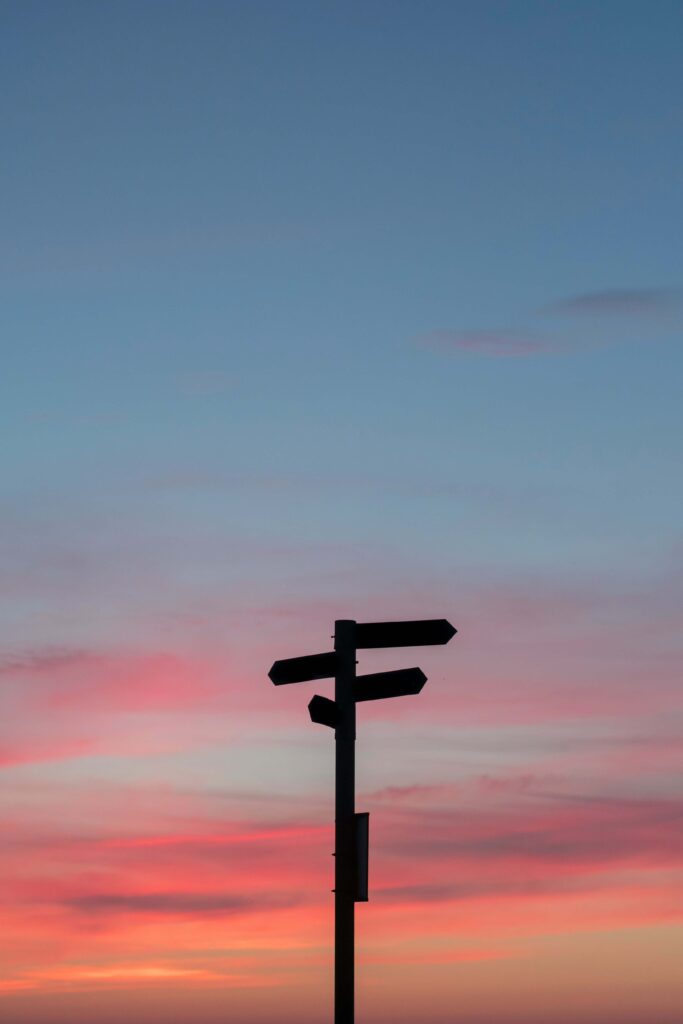 placa com sinais de varios caminhos para seguir, ao fundo o horizonte com o ceu e cores azul e vermelho, parece nascer ou por do sol. a placa esta apenas com a silueta na frente do horizonte